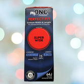 MyONE's "Super Wide" Large Condoms (Size 64J) feature custom width and length, utilizing Hyperthin Technology. They offer Triple-Tested Reliability, and the packaging design showcases a soft light blurred background.